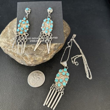 Native American Zuni Kingman Turquoise Necklace Pendant Earrings Set | Sterling Silver | 14487