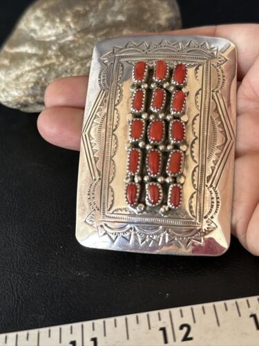 Navajo Red Coral Belt Buckle Concho | Sterling Silver | Authentic Native American Handmade | 14797