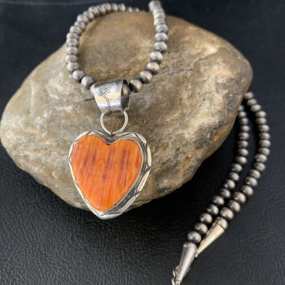 Navajo Orange Heart Spiny Oyster Pendant | Sterling Silver Necklace | Authentic Native American Handmade | 13948 - Masha USA