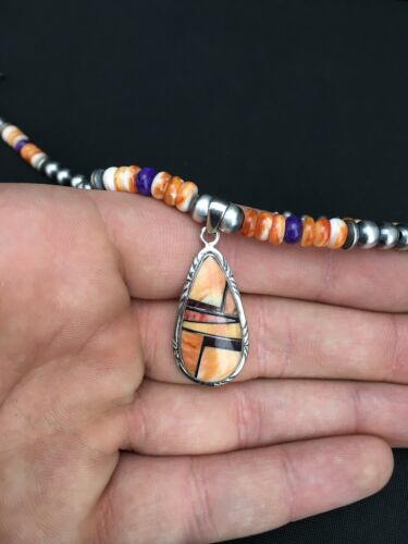 Navajo Spiny Oyster Pendant with Sugilite Inlay | Sterling Silver Necklace | Authentic Native American Handmade | 4879