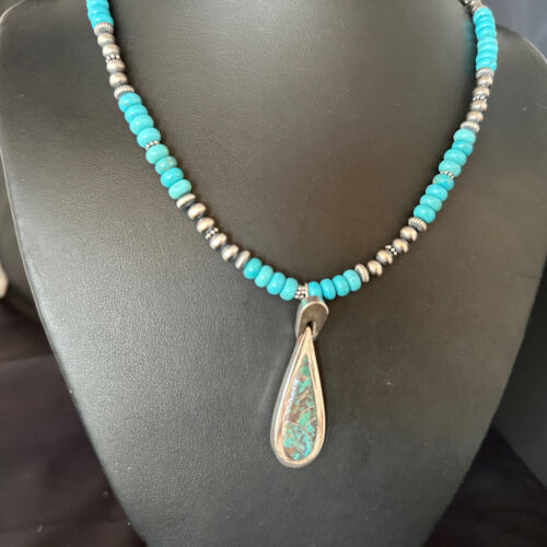 Navajo Blue Turquoise Pendant Necklace | Sterling Silver | 22" | Authentic Native American Handmade | 14603