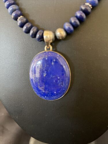 Navajo Pearls Sterling Silver Necklace with Blue Lapis Pendant | Authentic Native American Handmade | 11352