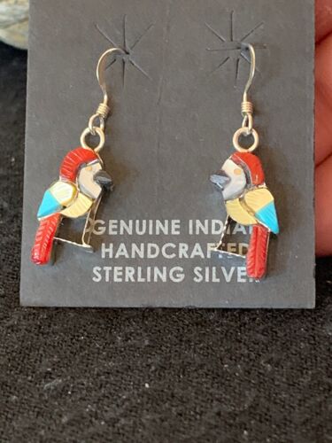 Native American Zuni Parakeet Bird Earrings | Sterling Silver Coral Turquoise | Handmade | 1713