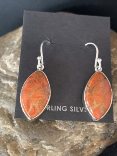 Native American Orange Apple Coral Dangle Drop Earrings | Sterling Silver | 1" | 14096