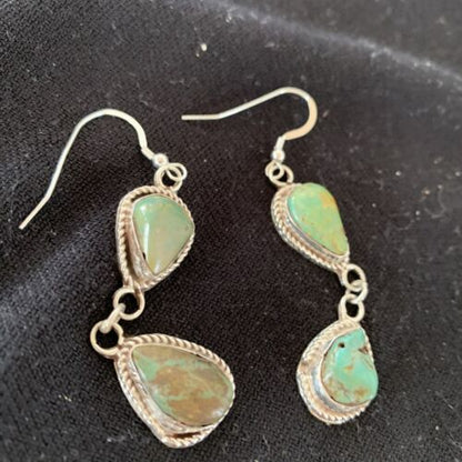 Navajo Green Royston Turquoise Dangle Earrings | Sterling Silver | Authentic Native American Handmade | 1498