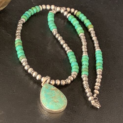 Navajo Pearl Green Royston Turquoise Pendant Necklace | Sterling Silver | 21" | Authentic Native American Handmade | 13911