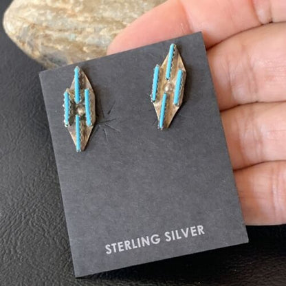 Zuni Blue Turquoise Needle-Point Dangle Post Earrings | Sterling Silver | 0.70" | 12751