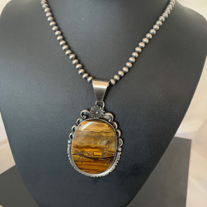 Men's Navajo Pearls Necklace | Sterling Silver | Coffee Tiger's Eye Pendant | Authentic Native American Handmade | 1543