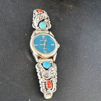 Navajo Blue Turquoise & Coral Watch Tips | Sterling Silver | Authentic Native American Jewelry | 14325