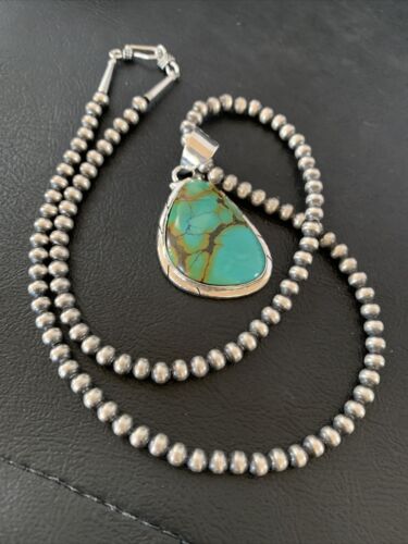 Men's Navajo Blue Spiderweb Turquoise Pendant Necklace | Sterling Silver | Authentic Native American Handmade | 10674