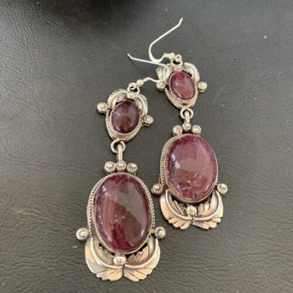 Navajo Purple Spiny Oyster Dangle Earrings | Sterling Silver | Authentic Native American Handmade | 12179