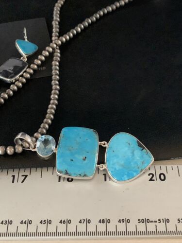 Navajo Blue Topaz Turquoise Necklace Earrings Set | Sterling Silver | 3" Pendant | Authentic Native American Handmade | 14098