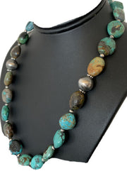 Authentic Native American Navajo Sterling Silver Spiderweb Turquoise Graduated Nugget Necklace | 20" | 229