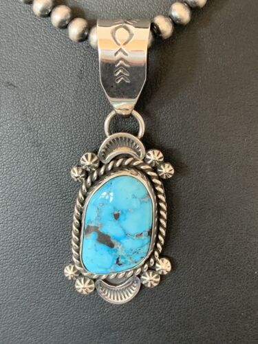 Navajo Spiderweb Kingman Turquoise Pendant Necklace | Sterling Silver | Authentic Native American Handmade | 690