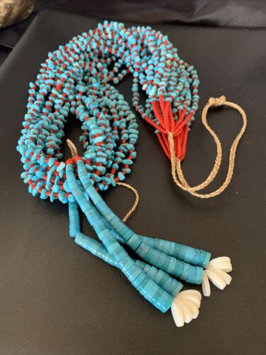 Southwestern Santo Domingo Red Coral Blue Turquoise Necklace | 10 Strand | 40" | 12046