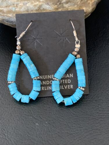 Navajo Turquoise Heishi Sterling Silver Pearls Beads Earrings | 1.5" | Authentic Native American Handmade | 13044