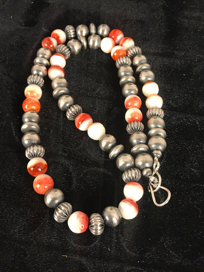 Navajo Spiny Oyster Beads Necklace | Sterling Silver | 21" | Authentic Native American Handmade | 8533
