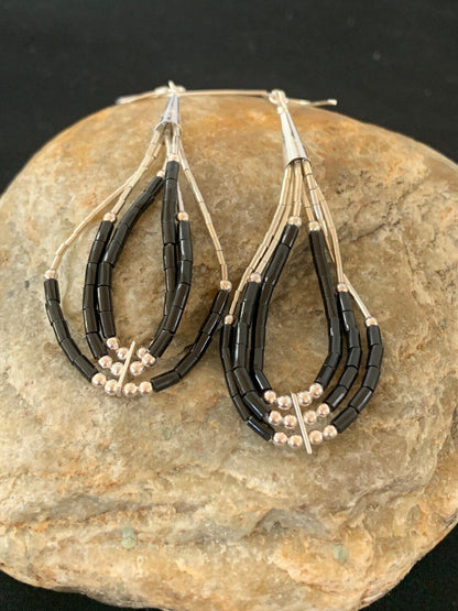 Native American Sterling Silver Heishi Dangle Black Onyx Pendant | 2" Tube | Navajo