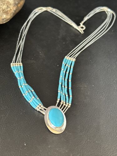Navajo Liquid Silver Heishi 5-Strand Necklace | Turquoise Pendant | Sterling Silver | 14821