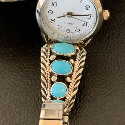 Navajo Sterling Silver Watch Tips | Blue Kingman Turquoise Band | Authentic Native American Jewelry | 11640