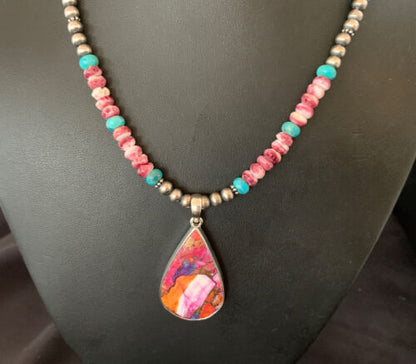Navajo Pearls Necklace with Turquoise & Purple Spiny Oyster Pendant | Sterling Silver | 13293