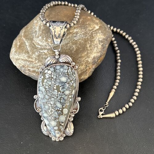 White Buffalo Turquoise Necklace Pendant with Pearls | Sterling Silver | Authentic Native American Handmade | 14805