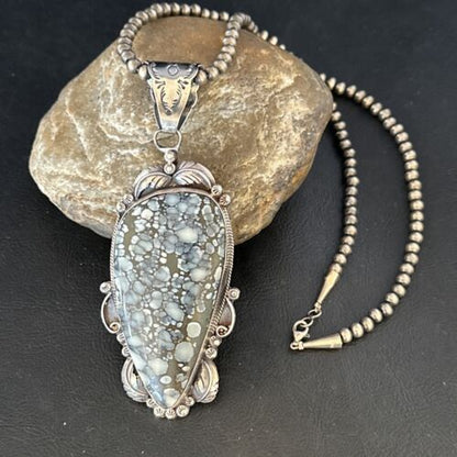 White Buffalo Turquoise Necklace Pendant with Pearls | Sterling Silver | Authentic Native American Handmade | 14805