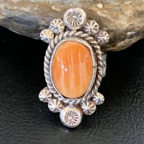 Navajo Orange Spiny Oyster Ring | Sterling Silver | Sz 7 | Authentic Native American Handmade | 13355