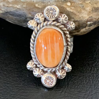 Navajo Orange Spiny Oyster Ring | Sterling Silver | Sz 7 | Authentic Native American Handmade | 13355