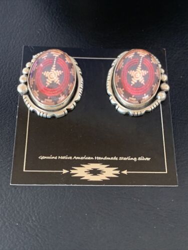Navajo Red Rug Design Stud Earrings | Sterling Silver | 1" | Authentic Native American Handmade | 13110