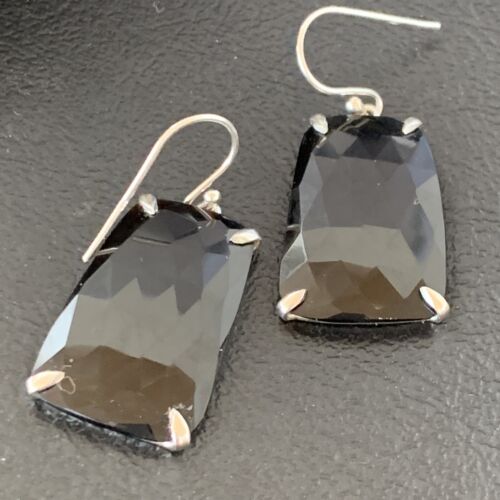 Navajo Black Faceted Quartz Dangle Earrings | Sterling Silver | 1" | Authentic Native American Handmade | 12087