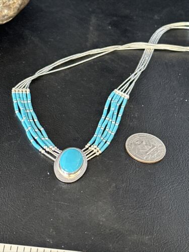 Navajo Liquid Silver Heishi 5-Strand Necklace | Turquoise Pendant | Sterling Silver | 14821