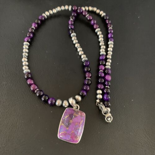 Navajo Pearl Purple Mojave Turquoise Onyx Pendant Necklace | Sterling Silver | Native American Handmade | 13401