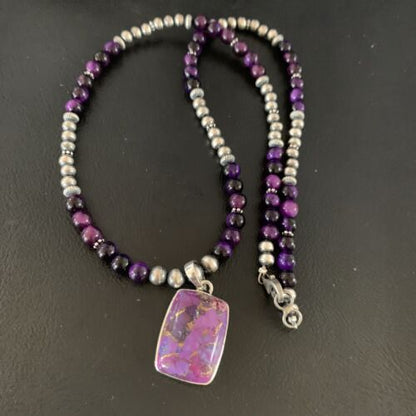 Navajo Pearl Purple Mojave Turquoise Onyx Pendant Necklace | Sterling Silver | Native American Handmade | 13401