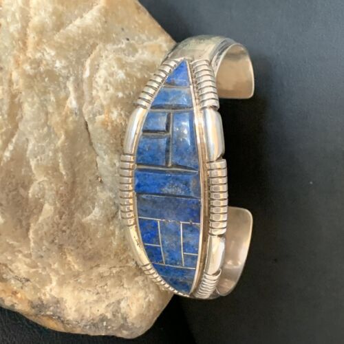 Native American Men's Blue Lapis Inlay Cuff Bracelet | Navajo Sterling Silver | 13709