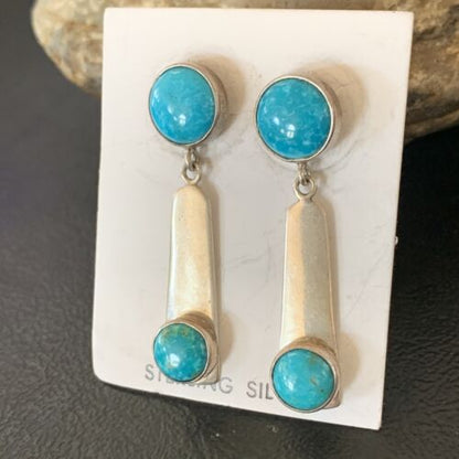 Handmade Navajo Kingman Turquoise Dangle Earrings | Sterling Silver | Authentic Native American | 2044