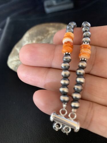 Navajo Pearls Sterling Silver Orange Spiny Oyster Bead Bracelet | 7.5" | Authentic Native American Handmade | 13801