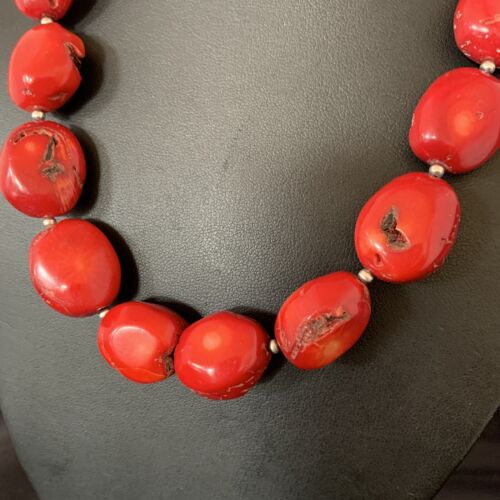 Navajo Red Coral Bead Necklace | Sterling Silver | 20" | Authentic Native American Handmade | 13409