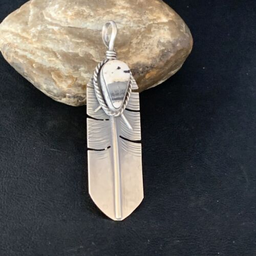 Navajo White Buffalo Turquoise Feather Pendant | Sterling Silver | Authentic Native American Handmade | 13987