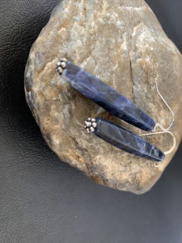 Navajo Blue Lapis Lazuli Bead Dangle Earrings | Sterling Silver | Authentic Native American Handmade | 13031