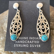 Navajo Blue Turquoise Dangle Post Earrings | Sterling Silver | 1" | Authentic Native American Handmade | 12744