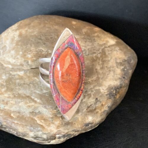 Navajo Red Spiny Oyster Opal Inlay Ring | Sterling Silver | Sz 10 | Authentic Native American Handmade | 12844