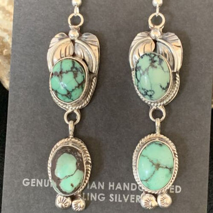 Navajo Green Spiderweb Turquoise Dangle Earrings | Sterling Silver | Authentic Native American Handmade | 13549