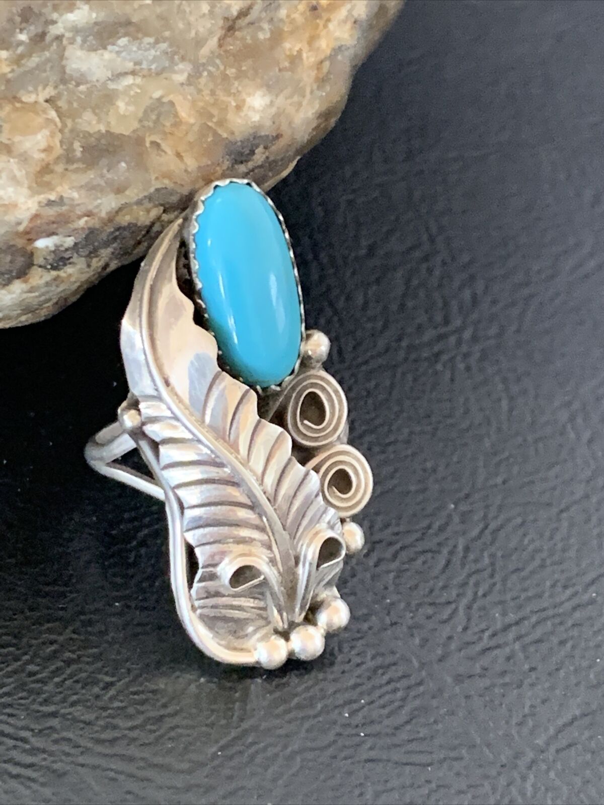 Navajo Blue Turquoise Feather Ring | Sterling Silver | Sz 5.5 | Authentic Native American Handmade | 11736