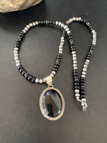 Native American Men's Navajo Pearl Necklace Pendant | Sterling Silver Black Onyx | 11740