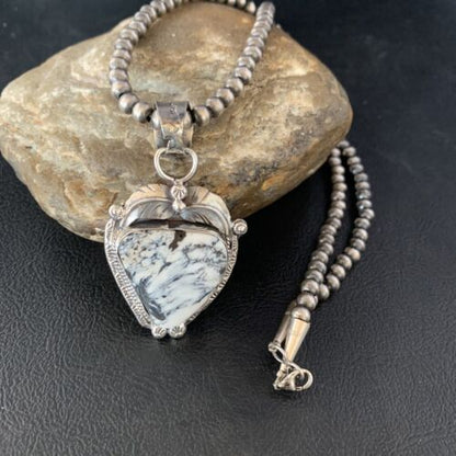 White Buffalo Turquoise Pendant Necklace | Sterling Silver | Navajo | Authentic Native American Handmade | 14057