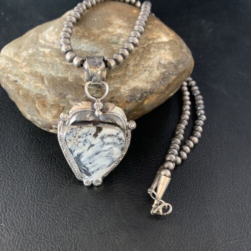 White Buffalo Turquoise Pendant Necklace | Sterling Silver | Navajo | Authentic Native American Handmade | 14057