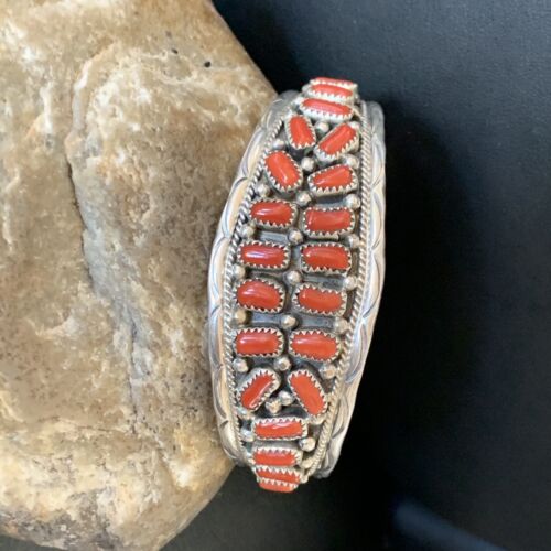 Navajo Multi-Stone Red Coral Bracelet | Sterling Silver | Authentic Native American Handmade | 12235