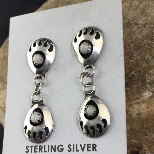 Navajo White Opal Bear Paw Dangle Earrings | Sterling Silver | 1.30" | Authentic Native American Handmade | 8694