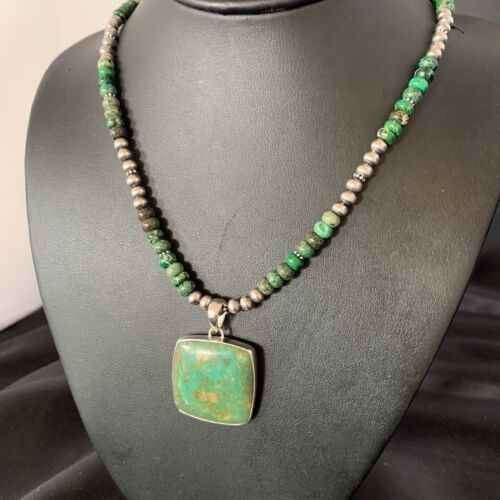 Women's Green Turquoise Pendant Necklace | Navajo Pearls Sterling Bead | Authentic Native American Handmade | 13306